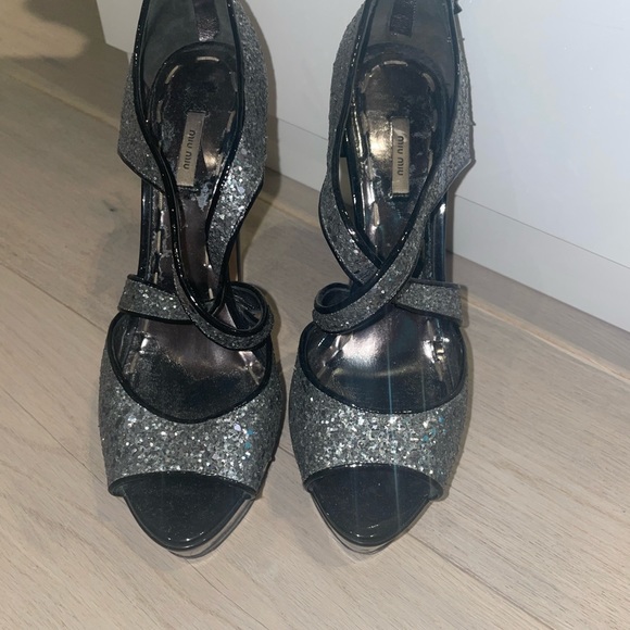 Miu Miu Platform Sandal leather coarse glitter grey metallic - Picture 4 of 5